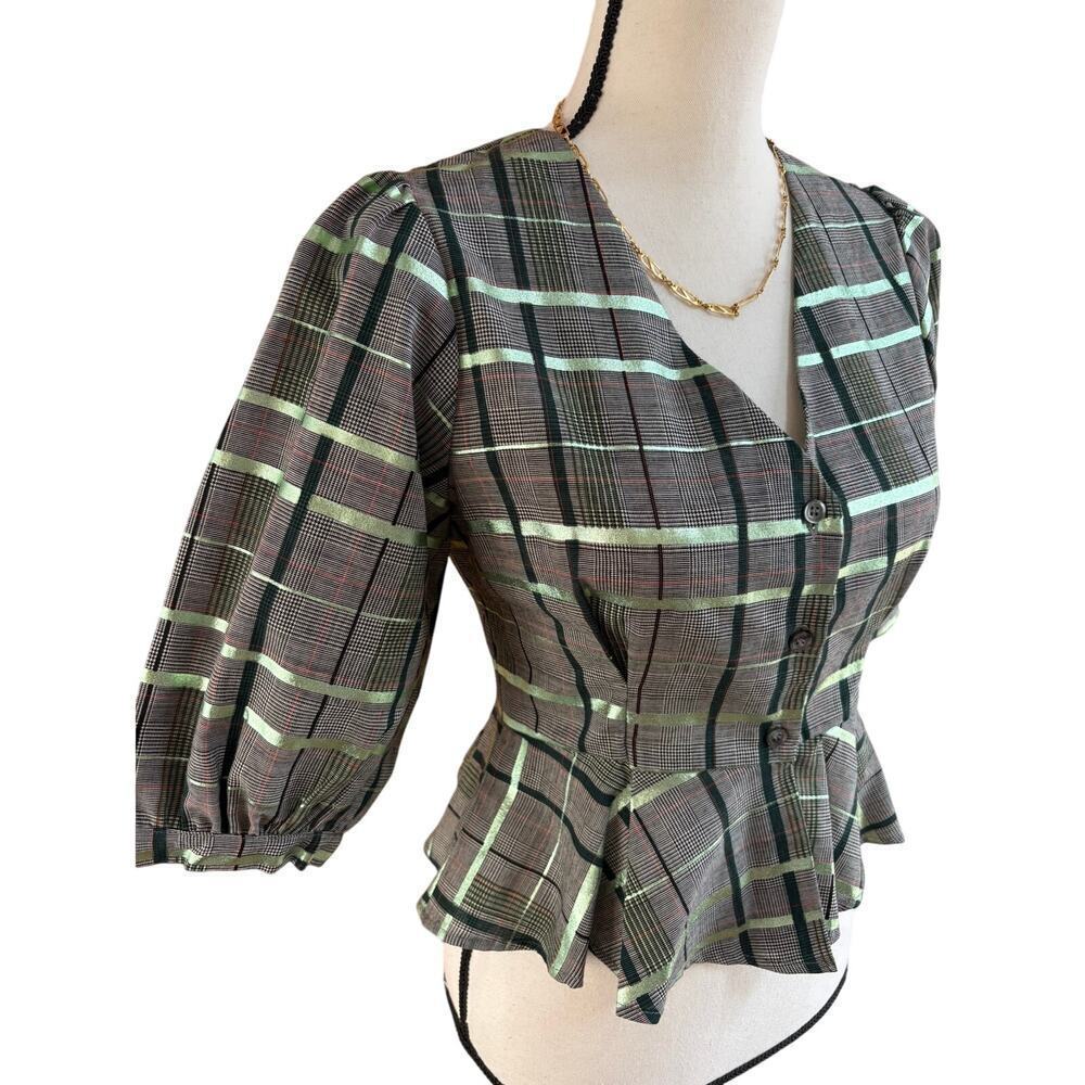 Jeune Otte Women's Christine Blouse Wool Plaid Peplum Top Green Multi Size S NWT - Picture 2 of 7